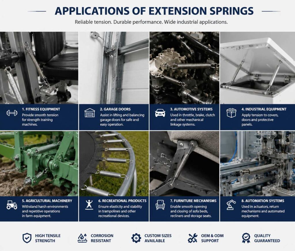 KAIFORGE custom extension springs used in industrial machinery automotive components and automation applications