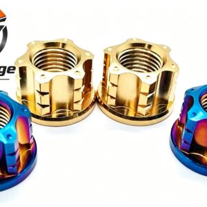 Custom TC4 titanium motorcycle axle nut with multiple color finishes manufactured by KAIFORGE