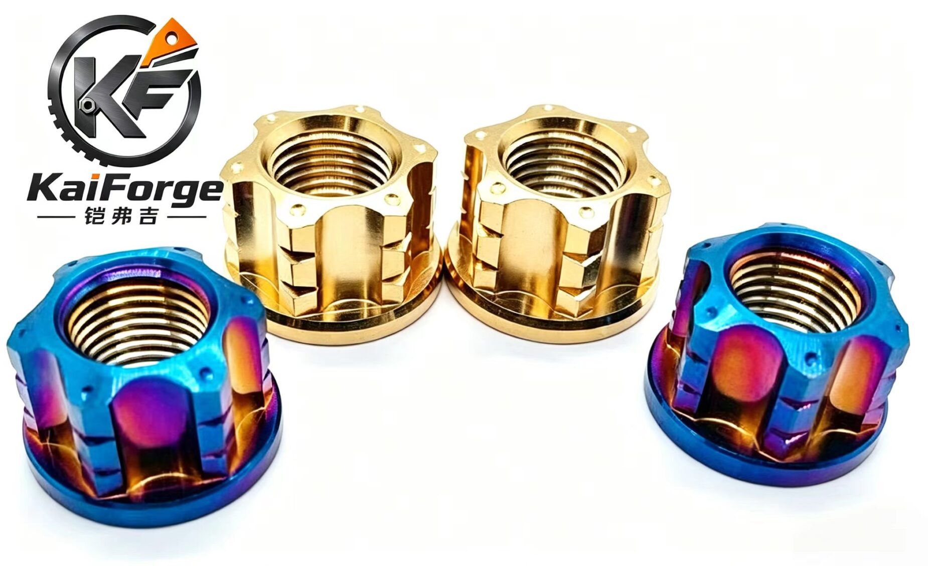 Custom TC4 titanium motorcycle axle nut with multiple color finishes manufactured by KAIFORGE