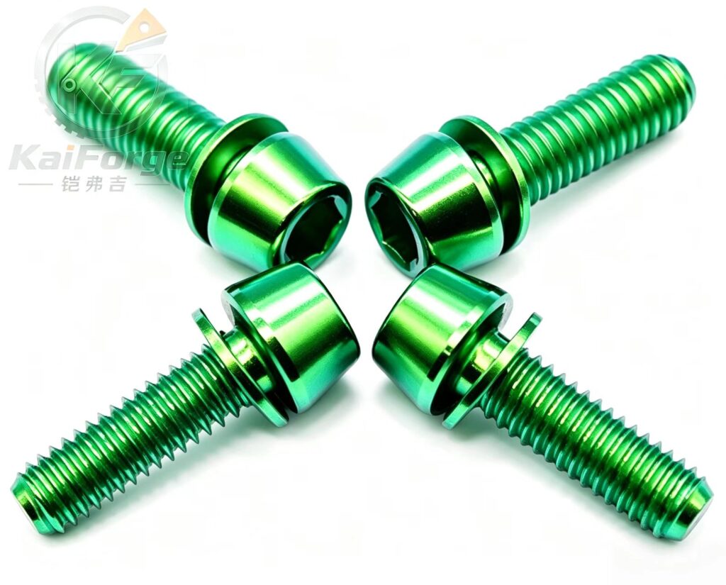 Green anodized titanium motorcycle fasteners with colorful surface finish manufactured by KAIFORGE