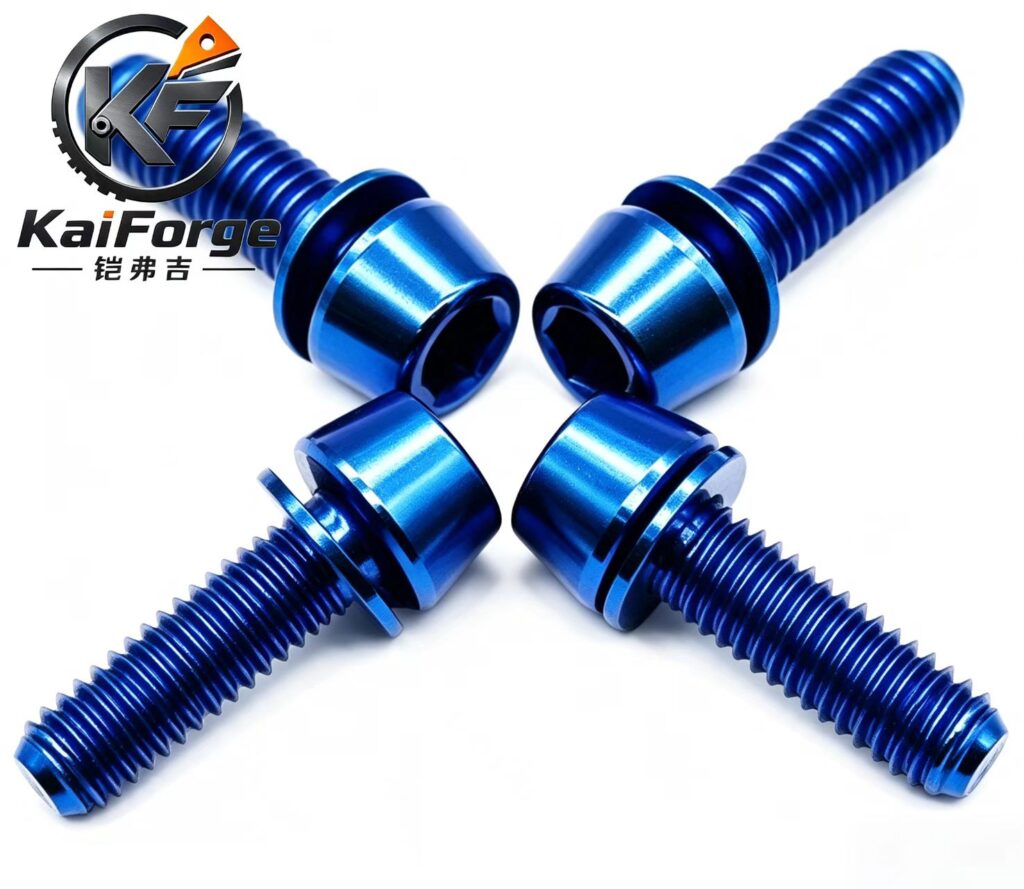 Blue colored titanium motorcycle fasteners with anodized surface treatment by KAIFORGE