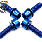 Blue colored titanium motorcycle fasteners with anodized surface treatment by KAIFORGE