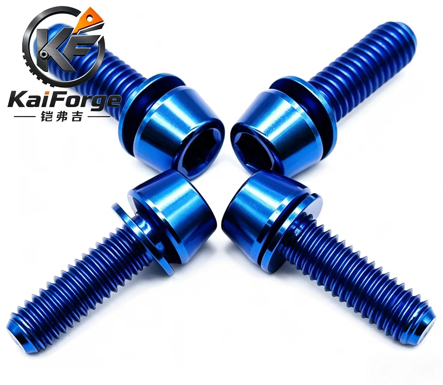 Blue colored titanium motorcycle fasteners with anodized surface treatment by KAIFORGE