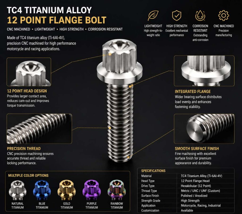 CNC machined TC4 titanium 12 point flange bolt detail showing precision head design and thread quality