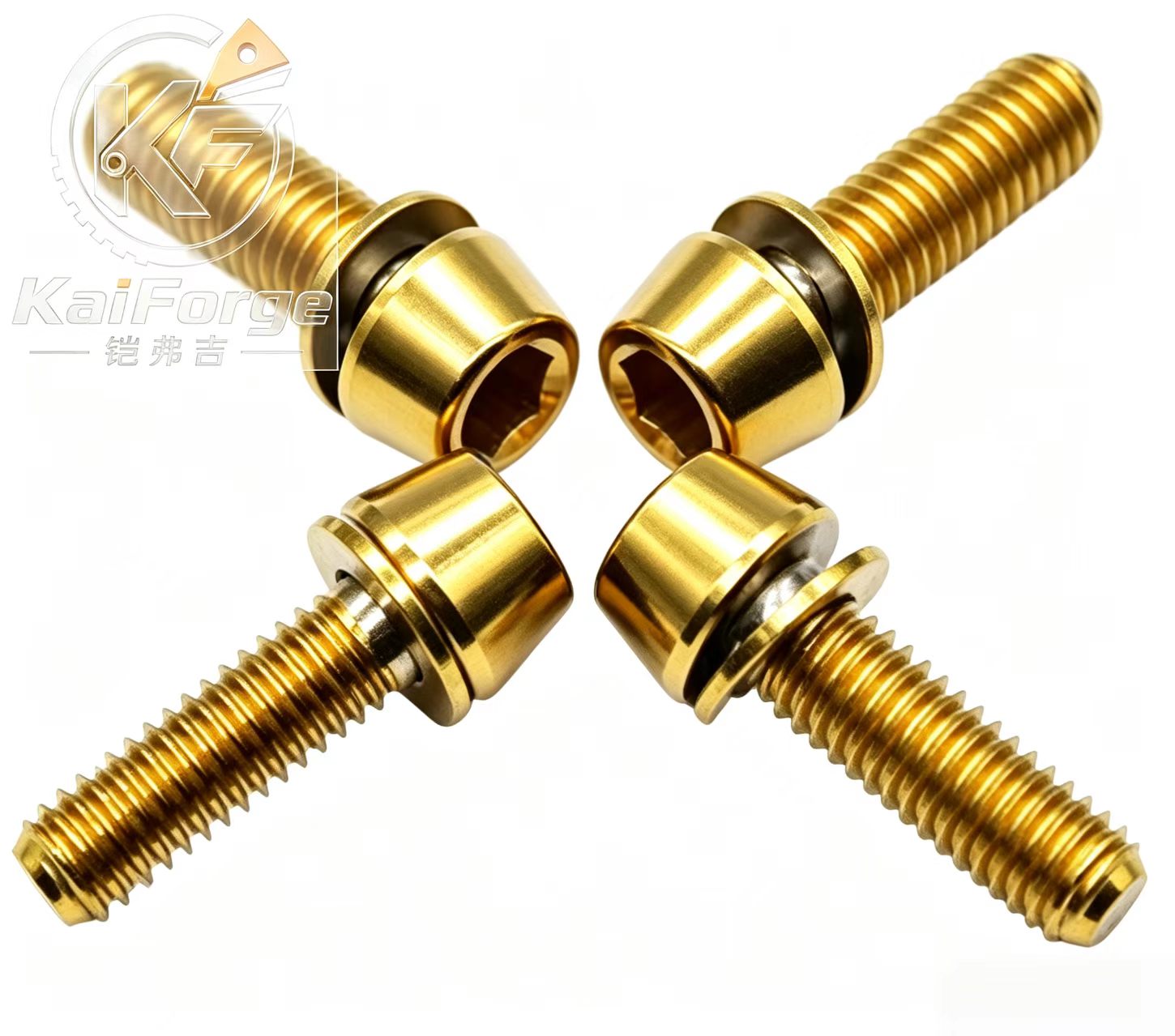 Gold colored titanium motorcycle fasteners with anodized finish manufactured by KAIFORGE