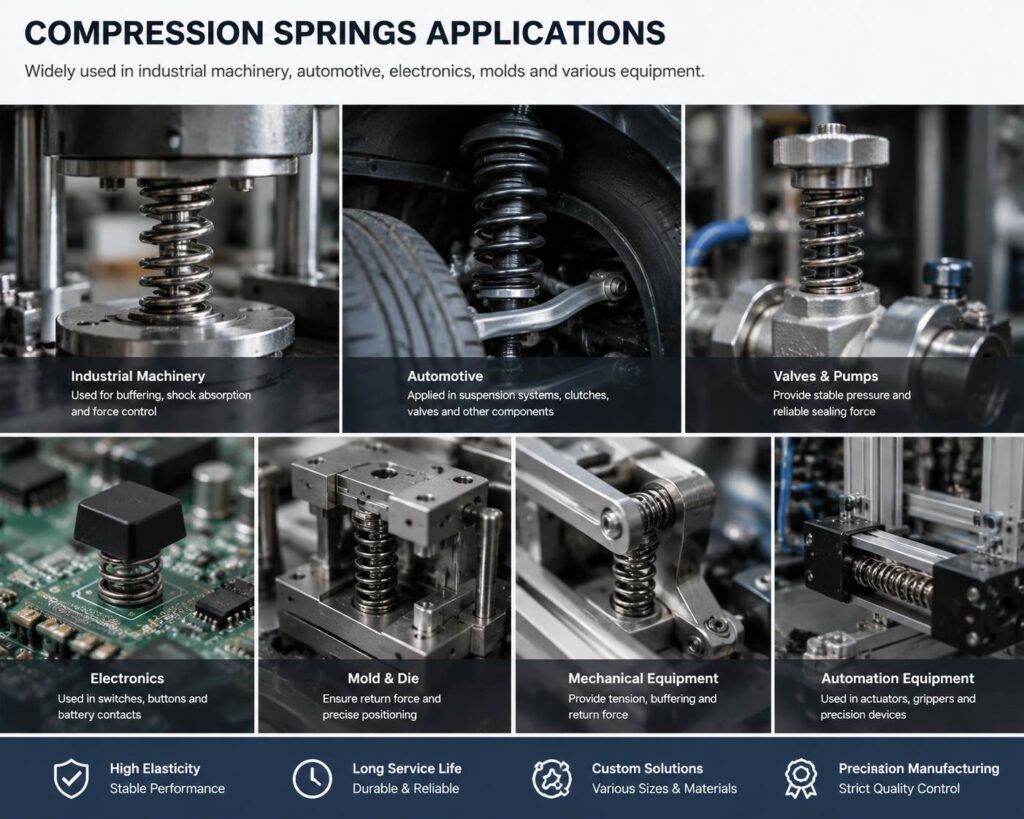 Custom compression spring design and material details including wire diameter, coil count and end types