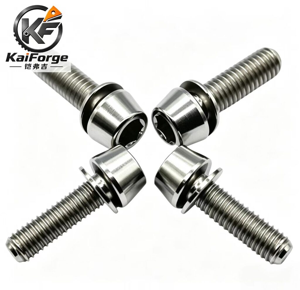 Natural titanium motorcycle fasteners showing titanium material finish manufactured by KAIFORGE