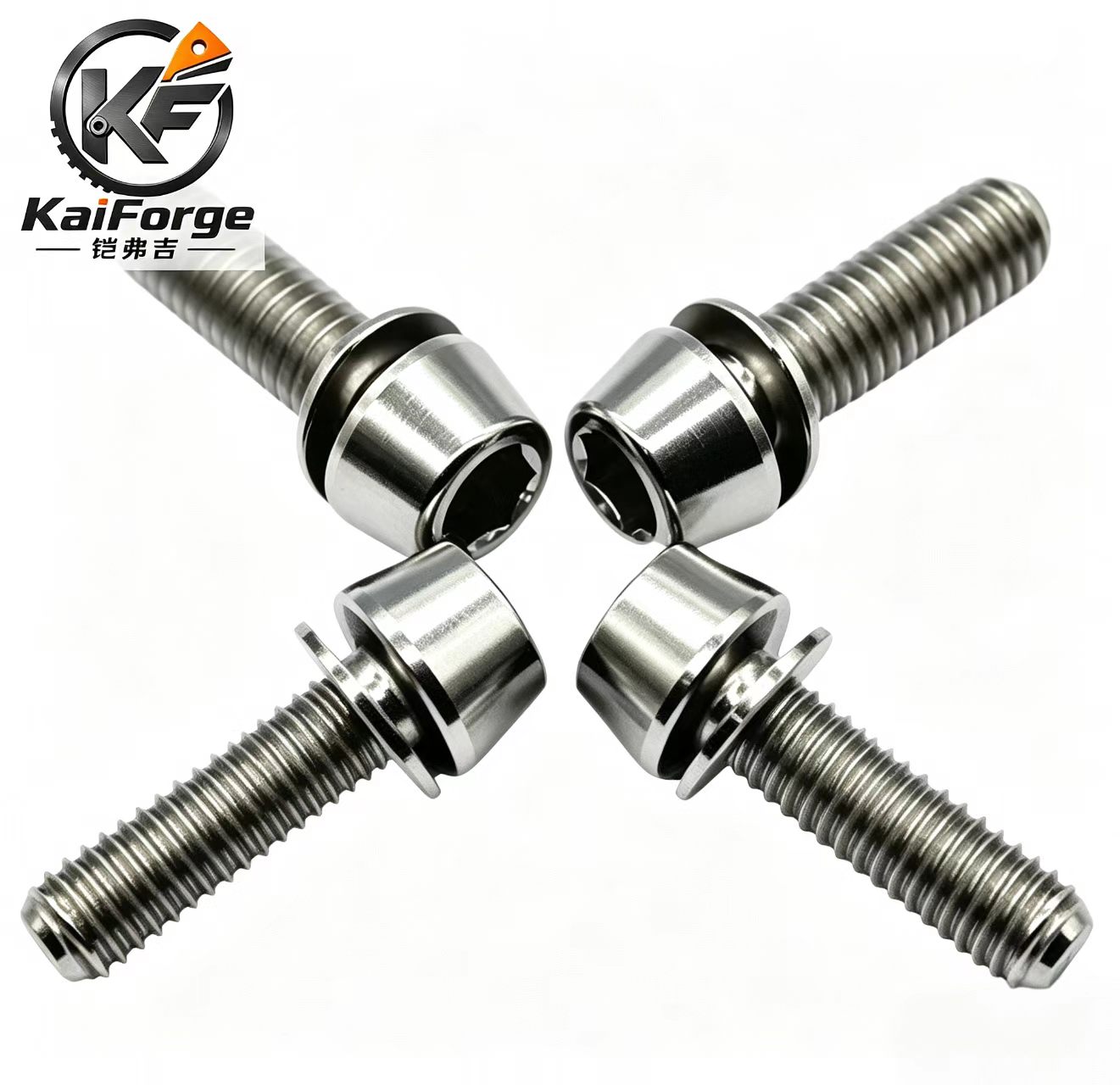 Natural titanium motorcycle fasteners showing titanium material finish manufactured by KAIFORGE