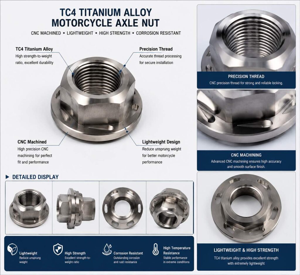 TC4 titanium motorcycle wheel hub nut installed on motorcycle axle for performance modification