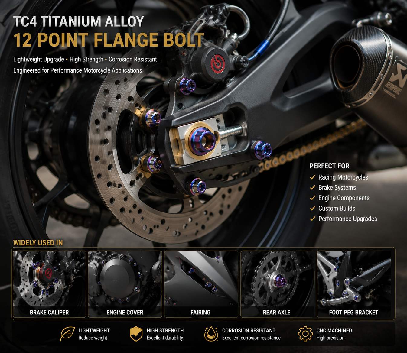 TC4 titanium motorcycle bolt installed on wheel hub for performance modification