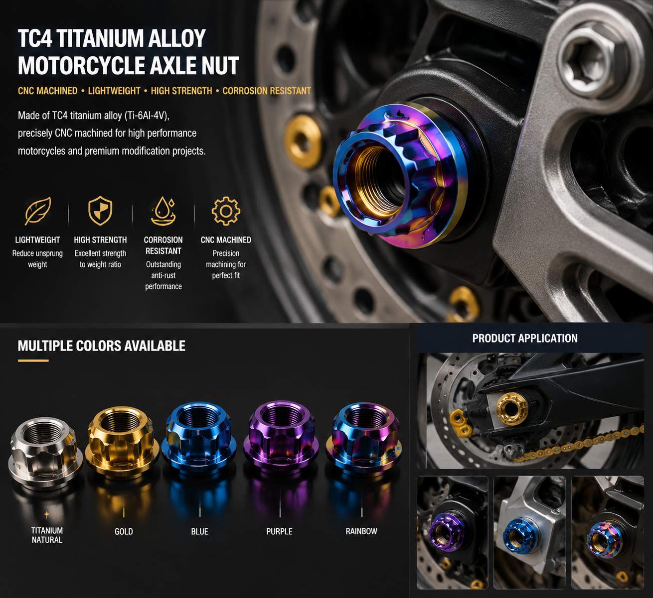 Titanium motorcycle axle nut used in racing motorcycle modification applications