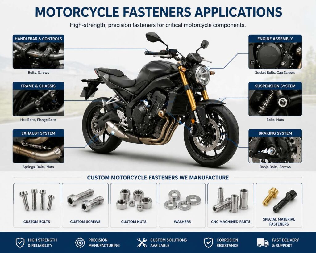 Titanium motorcycle fasteners used in racing motorcycle components and OEM applications by KAIFORGE