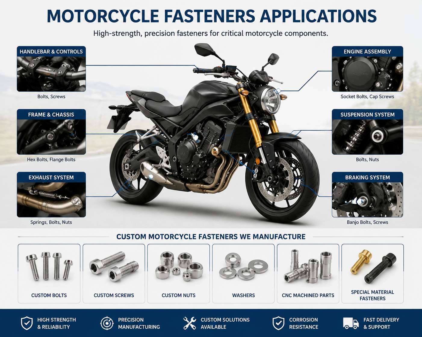 Titanium motorcycle fasteners used in racing motorcycle components and OEM applications by KAIFORGE